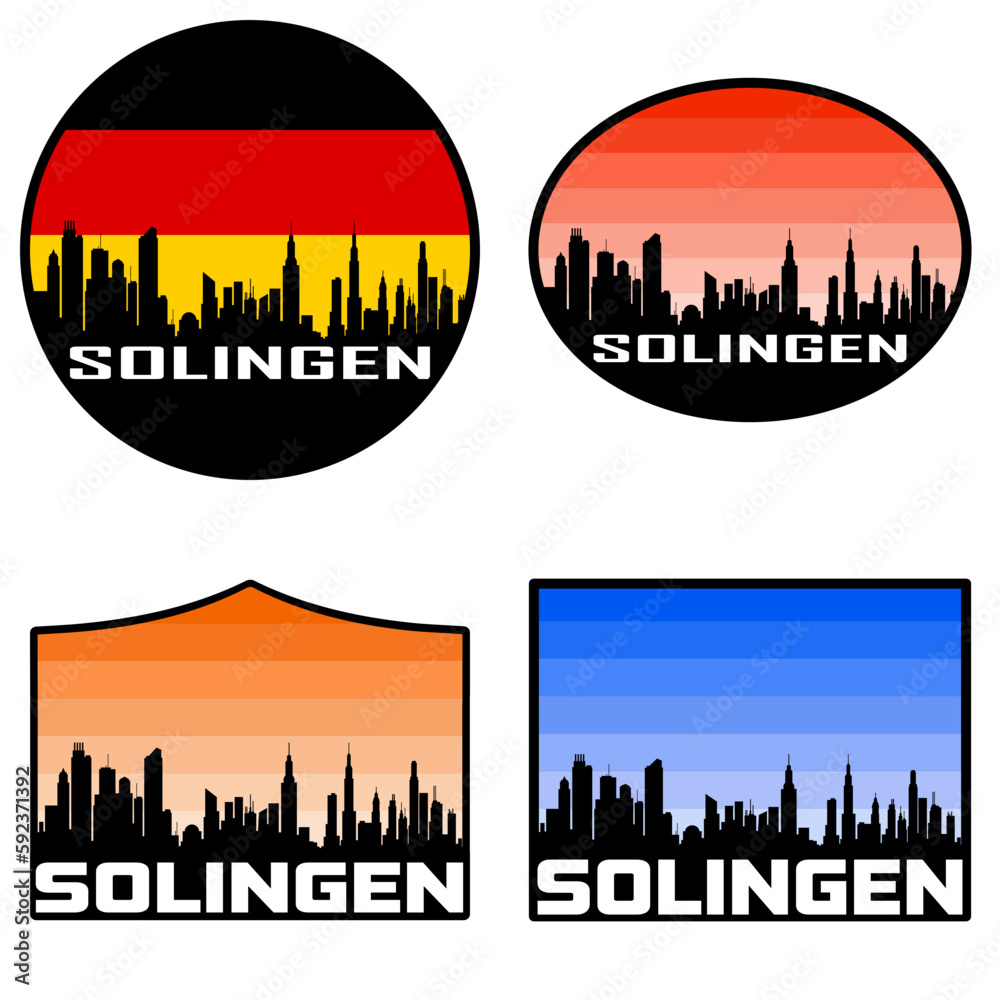 Solingen Skyline Silhouette Germany Flag Travel Souvenir Sticker Sunset Background Vector Illustration SVG EPS AI
