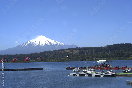 small eruption of the villarica volcano in pucón city with lake chile