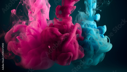 The different colors of ink in a liquid, in the style of magenta and blue, smokey background, Generative Ai