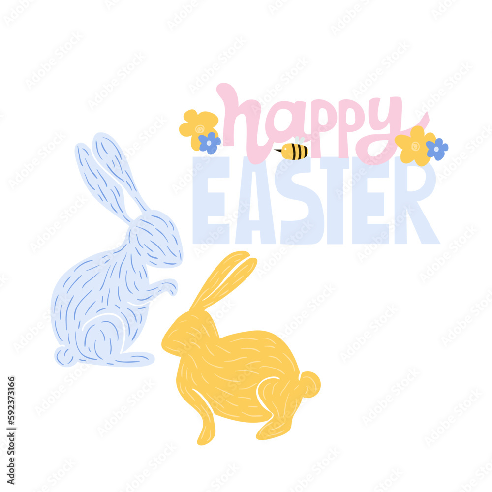 Happy Easter lettering with 2 cite rabbits. Spring Holiday background. Easter rabbits isolated vector background.