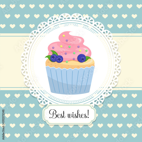 Cute Happy Birthday card with a cupcake with cherries and blueberries. Flat style vector illustration