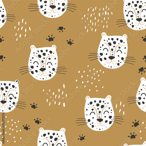 Seamless childish jungle pattern with cartoon leopards. Perfect for fabric,textile. Creative Vector background