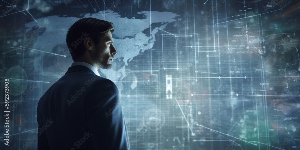 Multiple exposure Portrait of a businessman using artificial intelligence AI. Generative AI Multiple exposure Portrait of a businessman using artificial intelligence AI. Generative AI