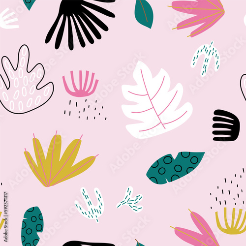 Seamless tropical pattern with leaves branches. Floral summer texture for fabric, textile, digital papers. Vector illustration