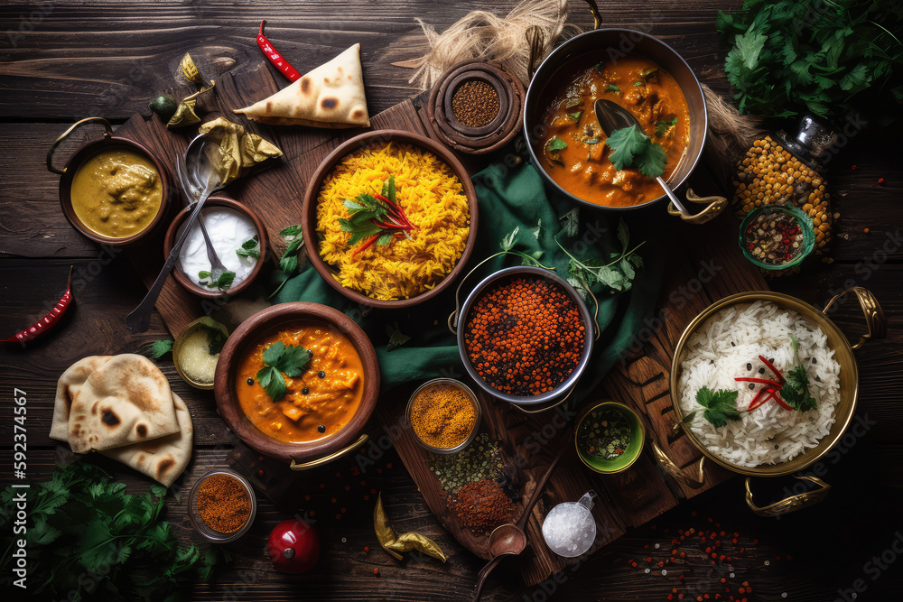 Assorted various Indian food on a dark rustic background. Traditional Indian dishes Chicken tikka masala, palak paneer, saffron rice, lentil soup, pita bread and spices. Square photo, generative AI