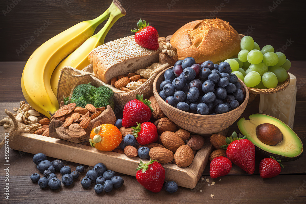 ภาพประกอบสต็อก Foods rich in fiber include fruit, vegetables, whole ...