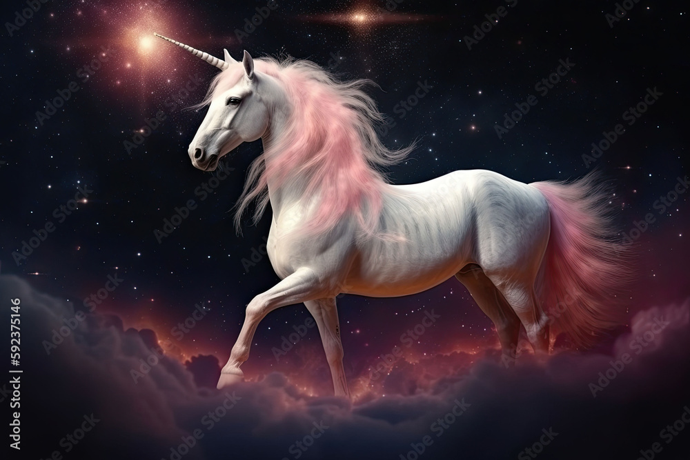 The unicorn with a pink mane and tail in a magical space. Generative AI The unicorn with a pink mane and tail in a magical space. Generative AI