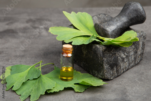 Bottle of pills, essential oil and ginkgo leaves on grey. Traditional, herbal medicine and Homeopathy concept.