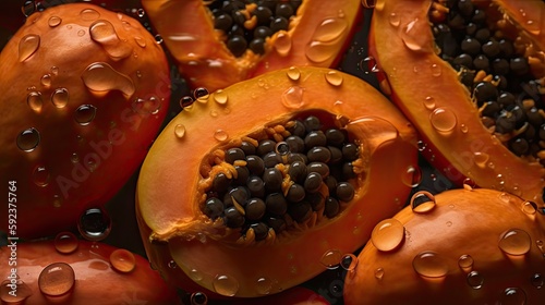 Fresh papaya background with water drops. Close up