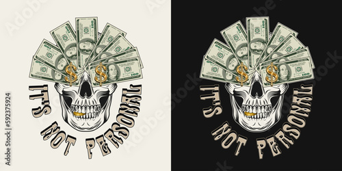 Label with skull, money, 100 dollar bills.