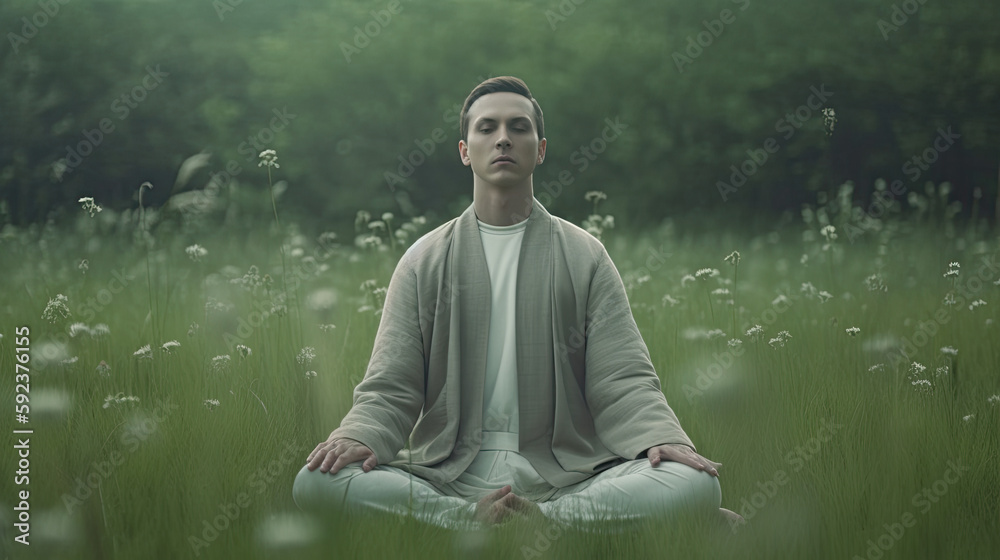 A man meditating in a forest