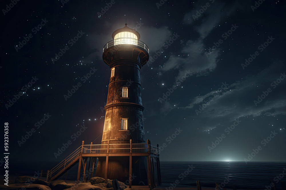 Lighthouse with beam glowing in the dark against background of starry sky. Navigation for ships at sea. Created with Generative AI