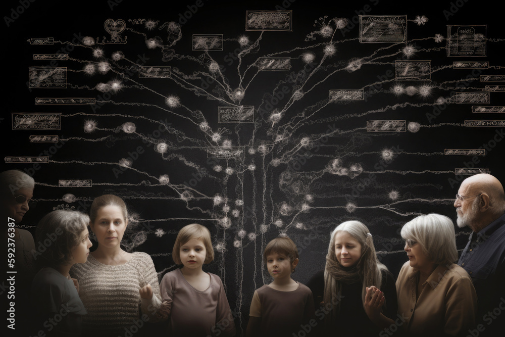 Younger generation stands in front of family tree with portraits of relatives. Genealogical history of generations, preservation of the memory of relatives. Created with Generative AI Younger generation stands in front of family tree with portraits of relatives. Genealogical history of generations, preservation of the memory of relatives. Created with Generative AI