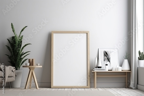 Empty white frame mock up on wall. Modern scandinavian style interior with wooden furniture. Blank for template with copy space. Created with Generative AI