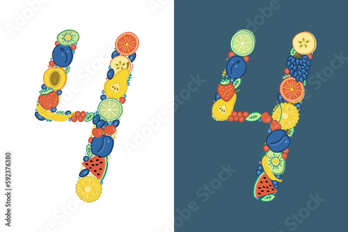 The number 4 is made up of brightly colored fruits and berries. Different fours, one on a white and one on a dark blue background. Hand-drawn in doodle style.