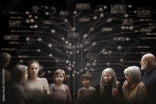 Younger generation stands in front of family tree with portraits of relatives. Genealogical history of generations, preservation of the memory of relatives. Created with Generative AI