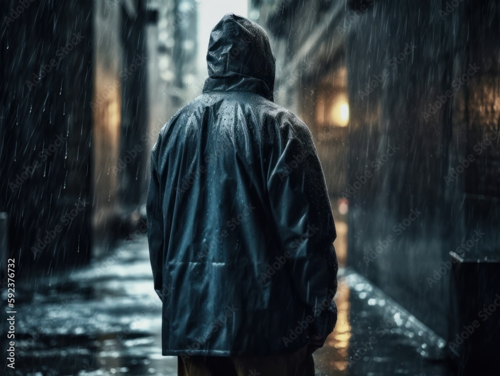 A person standing in the rain, looking sad and contemplative A person standing in the rain, looking sad and contemplative