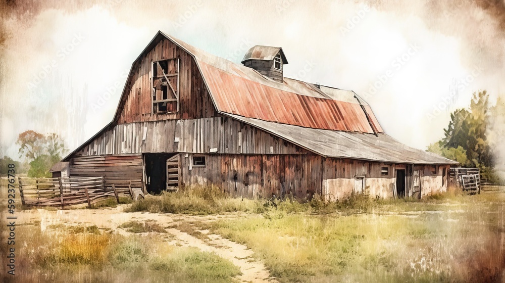 Rustic Old Barn Watercolor. Generative AI Rustic Old Barn Watercolor. Generative AI