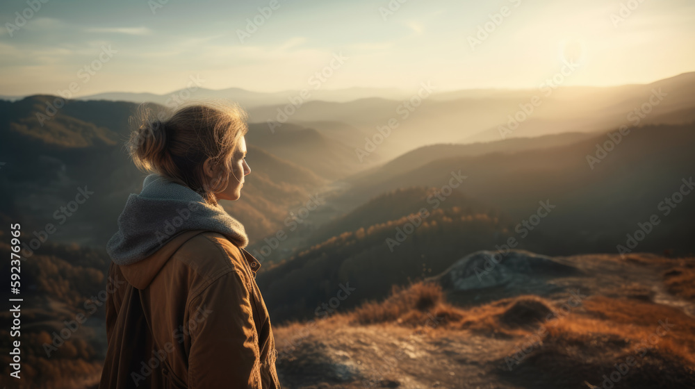 Beautiful young woman sitting on the edge of the cliff while looking at the sun valley and mountains. Generative AI