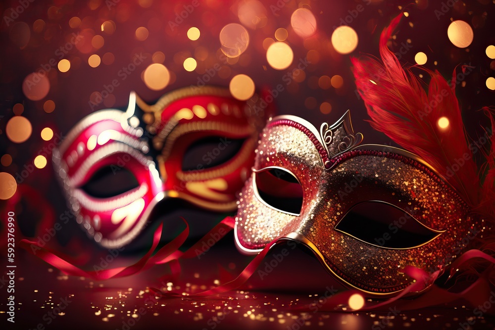 Carnival Party - Venetian Masks On Red Glitter With Shiny sparkle 