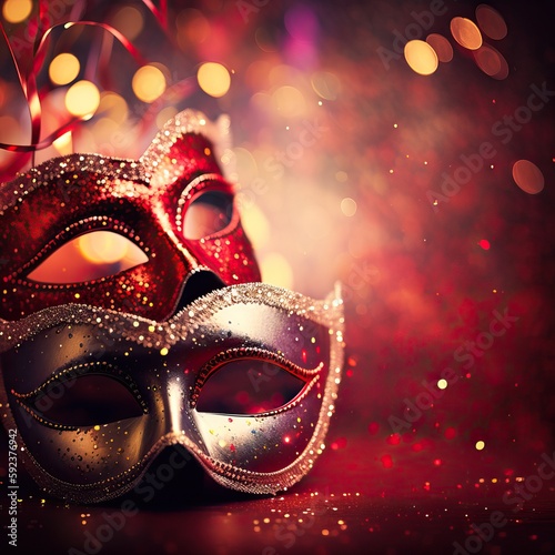 Carnival Party - Venetian Masks On Red Glitter With Shiny sparkle 