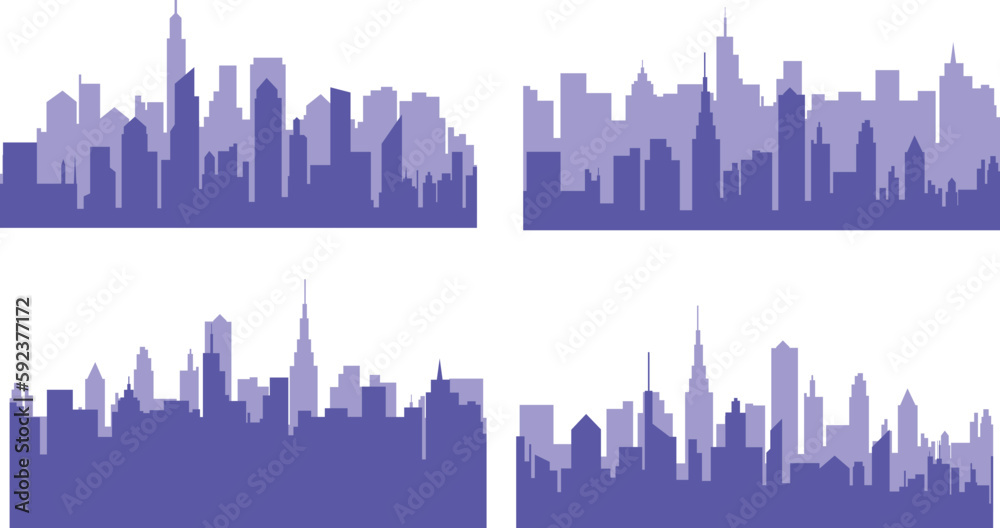 Modern city scape silhouette vector collection. Simple minimalist blue city skyline background. Urban cityscape silhouettes vector illustration.