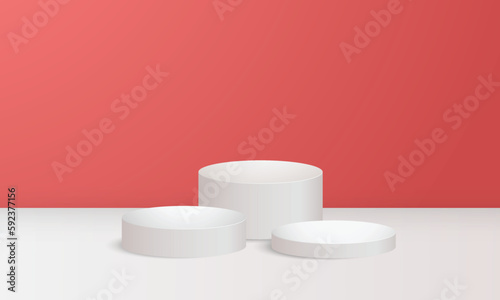 Minimal 3d display product minimal scene with geometric podium platform collection. Modern white circle pedestal podium with empty room and red background. Stand to show cosmetic products