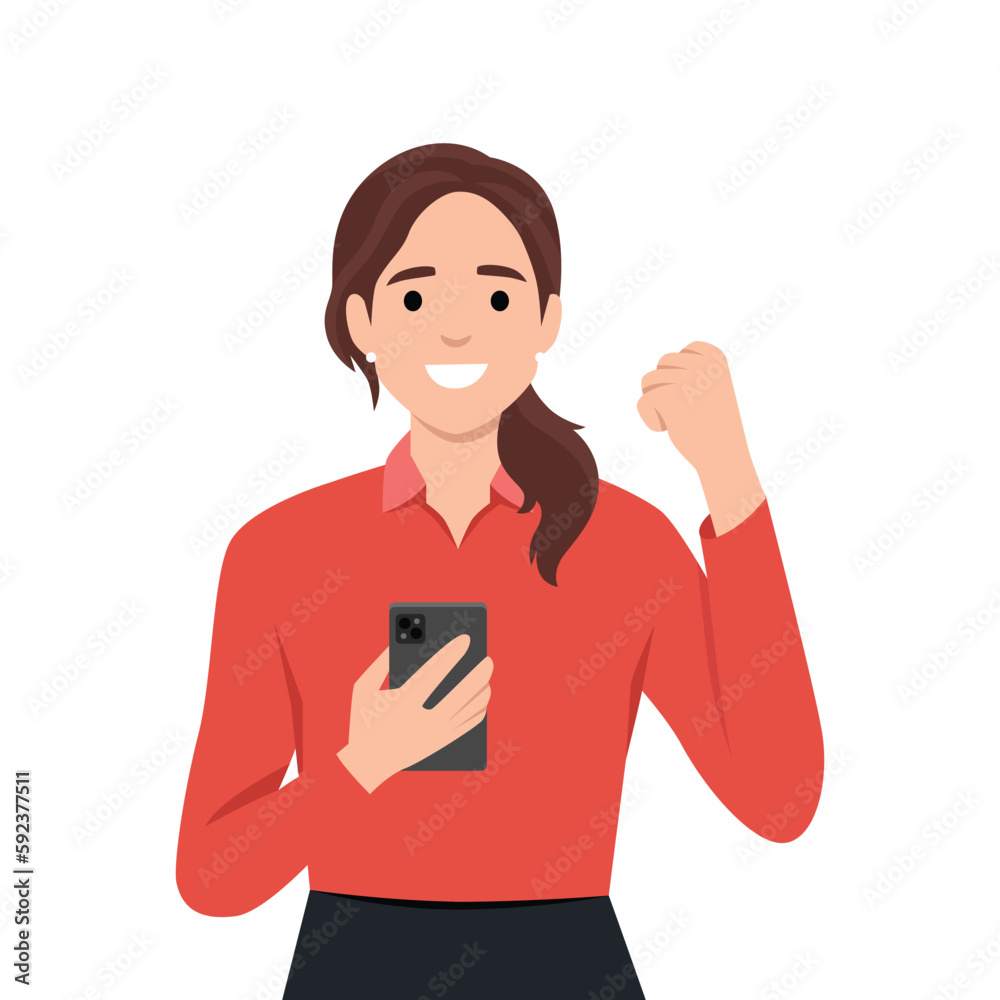 Young woman looks at smart phone screen reading message, be happy celebrate great news by sms Young woman looks at smart phone screen reading message, be happy celebrate great news by sms