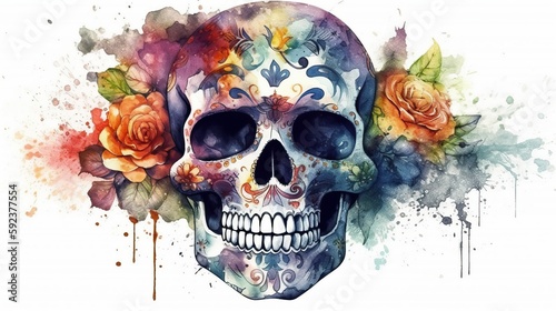 Sugar Skull Watercolor. Generative AI
