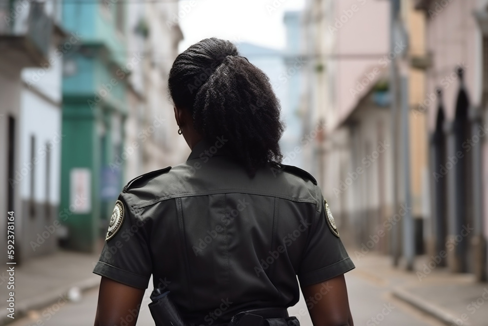 Portrait of an african police woman in street. Generative AI Portrait of an african police woman in street. Generative AI