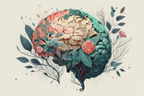 Human brain with flowers and leaves, mental health and self-care concept, positive thinking, creative mind, Generative AI