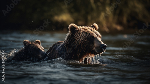 Brown Bear with bear cub playing in water, wildlife, nature animals generative AI