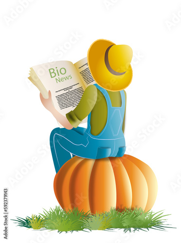 Jardinier  de dos, assis sur une citrouille, qui lit un journal de news bio
 photo