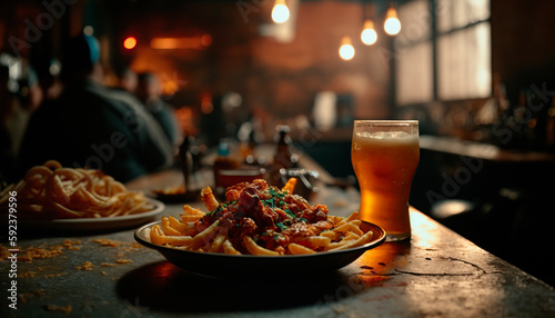 image of a plate of food in an american style restaurant with a cold beer and background of the scene out of focus, image created with ia