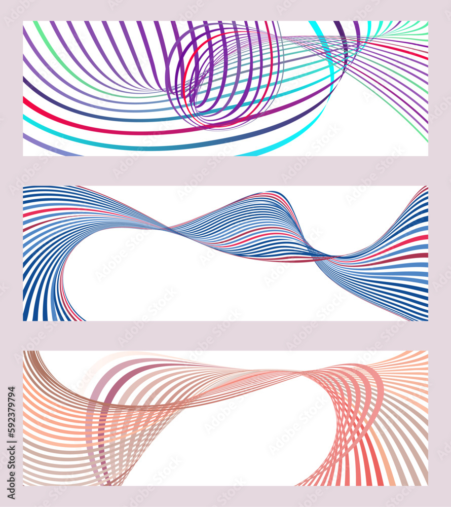Wavy lines or ribbons. Set of 3 backgrounds. Multicolored striped gradient. Creative unusual background with abstract gradient wave lines to create a trendy banner, poster. vector eps Wavy lines or ribbons. Set of 3 backgrounds. Multicolored striped gradient. Creative unusual background with abstract gradient wave lines to create a trendy banner, poster. vector eps