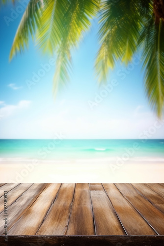 Empty wooden table on a beautiful blured tropical beach background. generative ai. Summer holiday background for product display