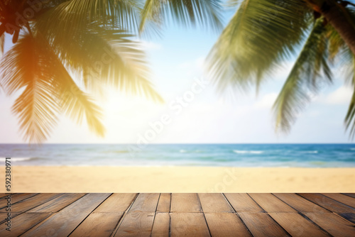 Empty wooden table on a beautiful blured tropical beach background. generative ai. Summer holiday background for product display