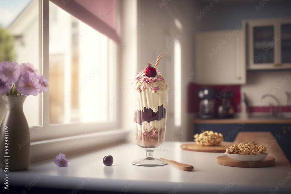 fresh and vibrant ice crean sundae on a modern spacious kitchen counter top, Created using generative AI tools. fresh and vibrant ice crean sundae on a modern spacious kitchen counter top, Created using generative AI tools.
