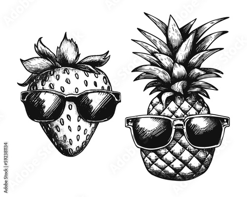 cool pineapple and strawberry wearing sunglasses illustration, summer sketch