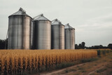 a set of silos for processing agricultural products next to a field.ai generative