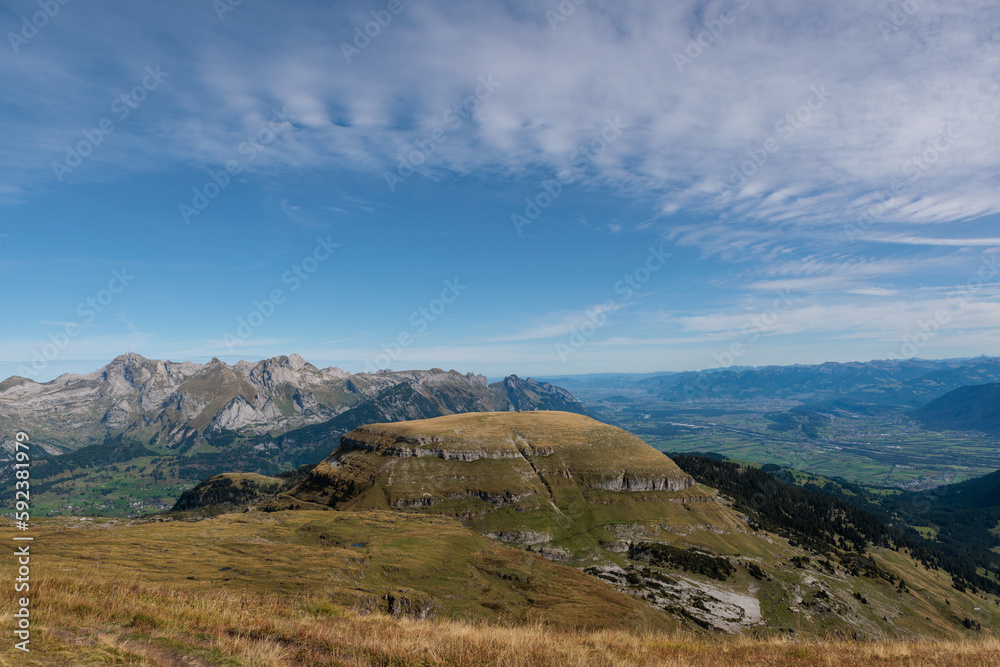 The view with blue sky and Swiss mountains from Chäserrugg