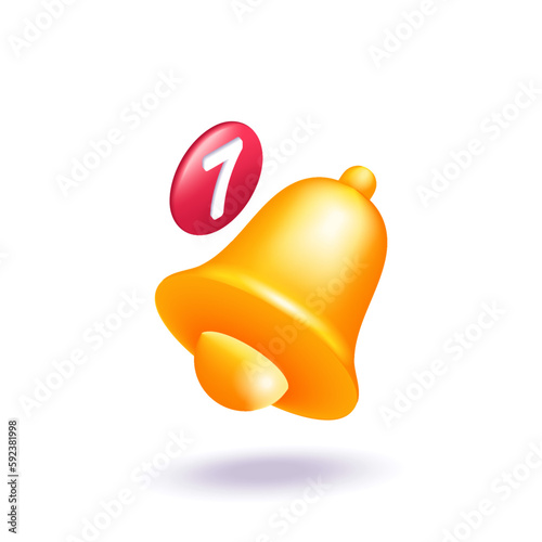 Trending 3D Isometric, cartoon illustration. Bright notification icon. The golden bell rings with a new reminder notification. Vector icons for website