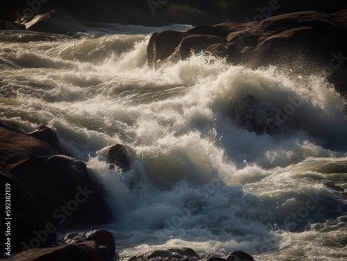 A close-up of a rushing river or waterfall  capturing the motion and power of the water