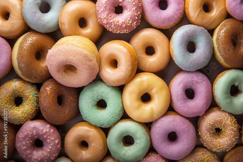 assorted donuts in different pastel colors, texture background, top view. ai generative