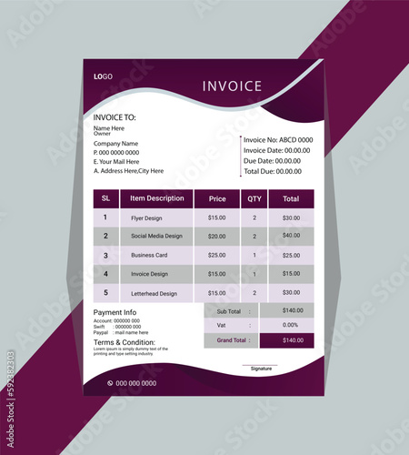 Creative and Unique abstract style business invoice template. Quotation Invoice Layout Template