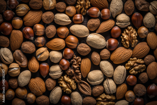 Natural background made from different kinds of nuts. ai generative