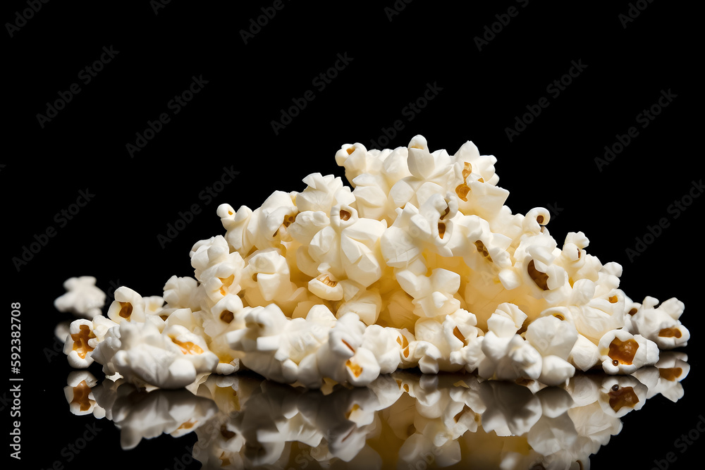 Popcorn on black. Illustration. Ai generation. Popcorn on black. Illustration. Ai generation.