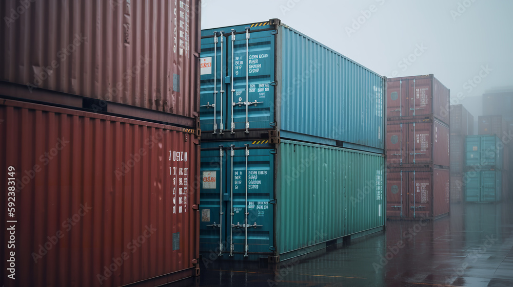 Fototapeta premium Freight cargo containers under the rain in the warehouse