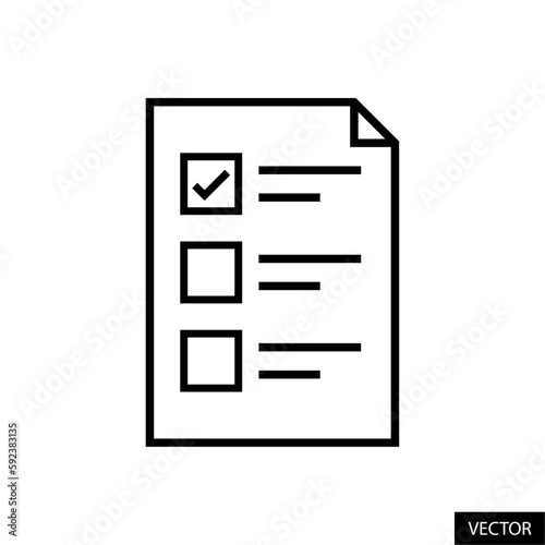 Checklist, features list, task list, survey, test vector icon in line style design for website, app, ui, isolated on white background. Editable stroke. Vector illustration.