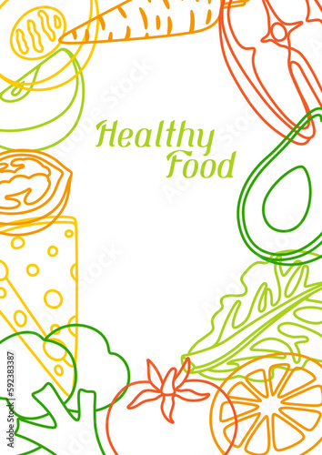 Background with healthy eating and diet meal. Fruits, vegetables and proteins for proper nutrition.